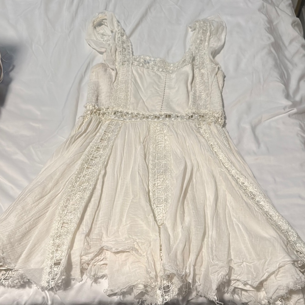 Free People Cream Tiered Puff Sleeve Sundress